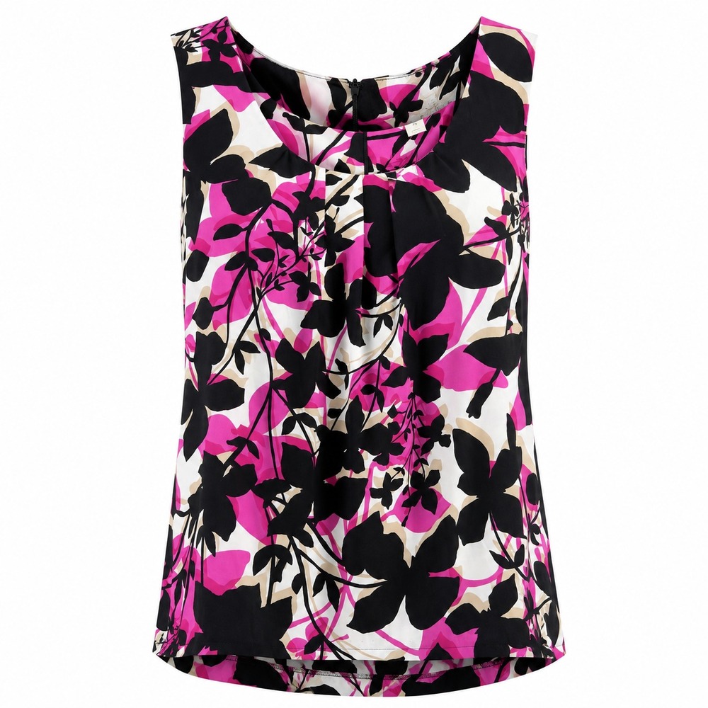 Dana Buchman Blouse Women XL Fuchsia Floral Sleeveless Pleated Scoop Neck Career